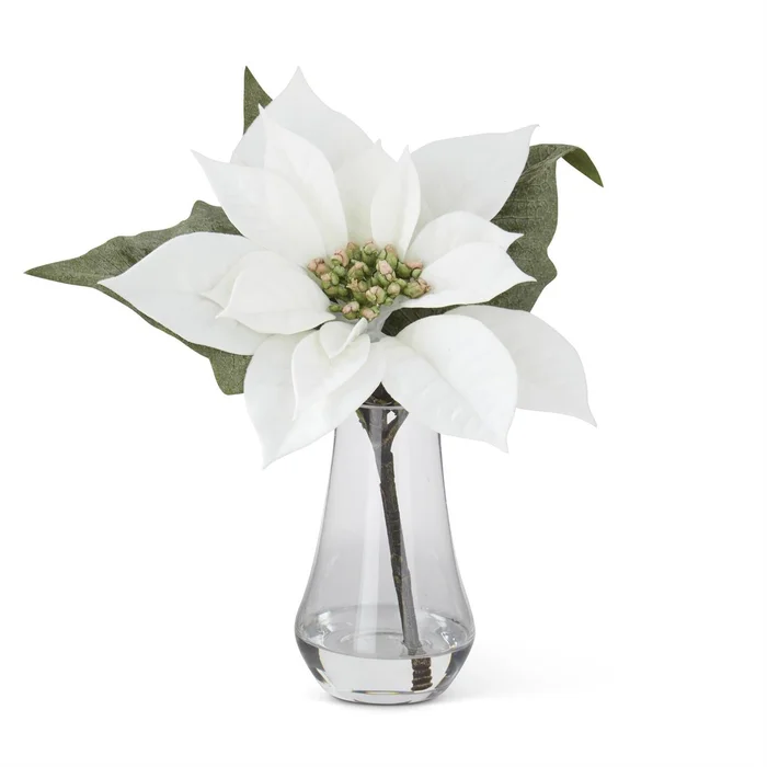 10″ WHITE POINSETTIA IN CLEAR VASE WITH FAUX WATER