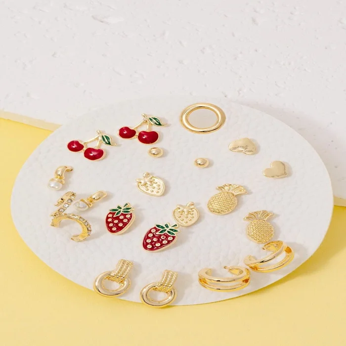 10pc Metallic Fruit Stud And Hoop Earrings Set – Gold
