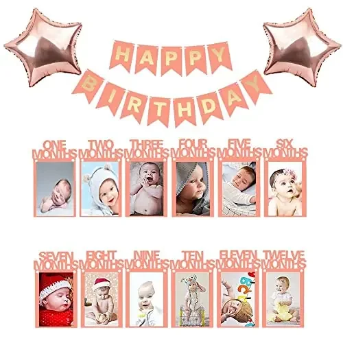 1st Baby Girl Birthday Decoration Kit with Star Happy Birthday and Photo Banner
