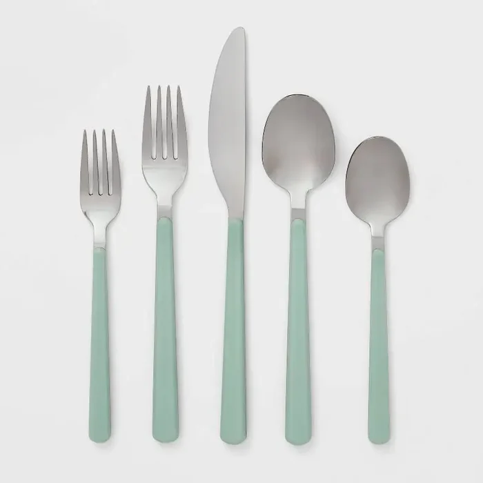 20pc Plastic Handle Flatware Set Mint – Room Essentials™ Stainless Steel Silverware Set, Service for 4, Forks Spoons Knives