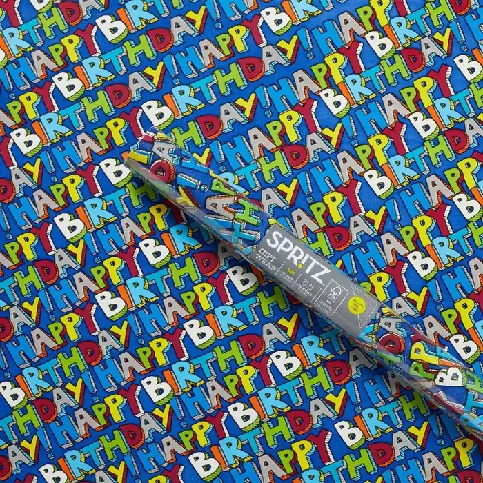 20sq ft ‘Happy Birthday‘ Gift Wrapping Paper – Spritz™ Multicolor Typography, Boys, Birthday, Spring Theme
