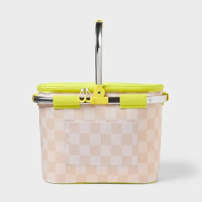 36 Cans/31qt Soft Sided Cooler – Sun Squad™ Beige Checkered/Yellow Durable Zip Closure, Outdoor Storage Pocket