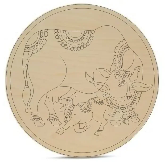 3Millions Pre Marked Kamdhenu Cow with Calf Design Round MDF Wooden Boards Base Laser Cutout for Art & Craft Painting Work Best Home Decor & Festival Decoration