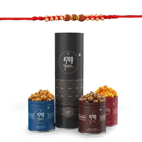 4700BC Gourmet Popcorn Combo Box 325g (3 Tins 1 Hawaiian BBQ Cheese 1 Himalayan Salt Caramel and 1 Nutty Tuxedo Chocolate) with Premium Rakhi