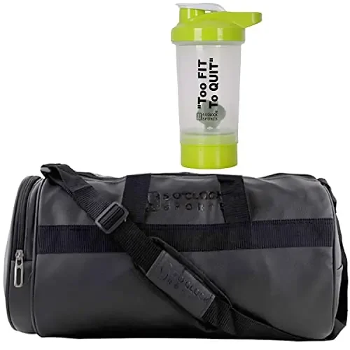 5 O‘CLOCK SPORTS Gym Bag Combo Set Enclosed Alfa Shaker 600 ML (Green) with Black Soft Leather Gym Bag for Men Fitness ll Gym Bag Combo for Men ll Gym Bag, Bottle ll Gym kit for Men and Women ll Gym & Fitness Kit