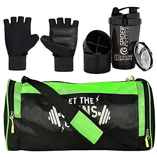 5 O‘CLOCK SPORTS Gym Bag Combo Set Enclosed Spider Shaker 500 ML (Black) with Green LTGB Printed Logo Gym Bag and Lycra Gloves (Black) for Men Fitness ll Gym Bag Combo for Men ll Gym & Fitness Kit