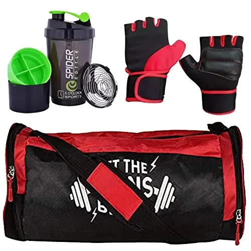 5 O‘CLOCK SPORTS Gym Bag Combo Set Enclosed Spider Shaker 500 ML (Green) with Red LTGB Printed Logo Gym Bag and Lycra Gloves (Red) for Men Fitness ll Gym & Fitness Kit