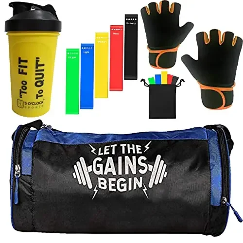 5 O‘CLOCK Sports Gym Bag Combo Set Enclosed Yellow Classic Shaker 600 ML with Blue LTGB Printed Logo Gym Bag Lycra Gloves (Orange) and Resistance Loop Bands for Men Fitness ll Gym & Fitness Kit., Multicolor, Standerd, Gym Bags