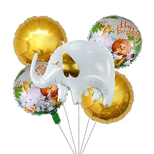 5pcs Elephant Shaped Foil Mylar with Round Printed and Gold Round Shape Balloons for Baby Shower Kids‘ Boys Woodland Animals Theme Birthday Party Supplies Decorations