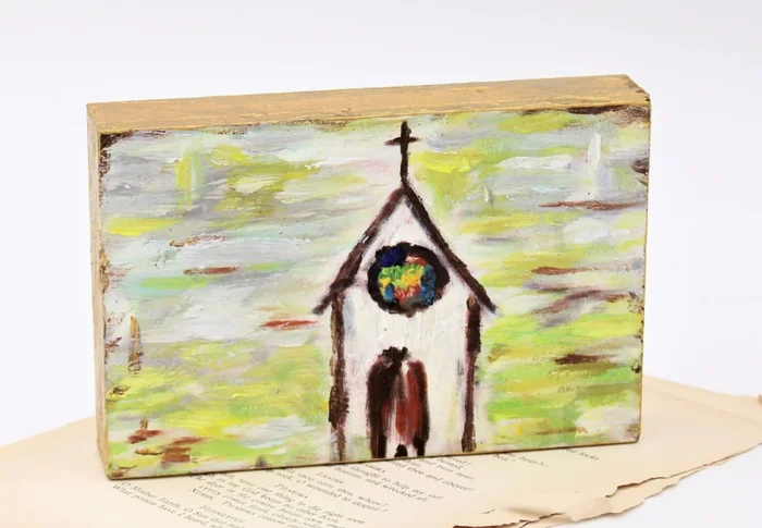 6×4″ HANDPAINTED WOOD BLOCK, COLORFUL CHURCH