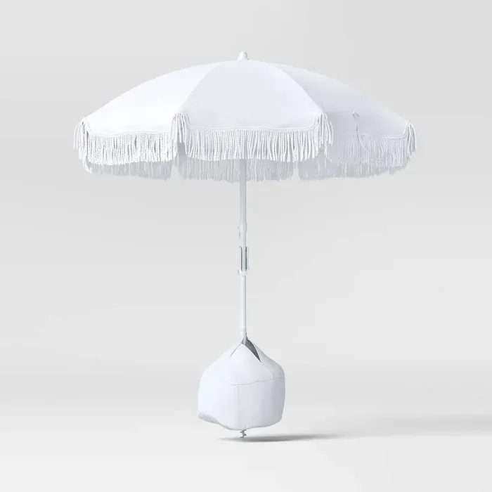 6‘ Outdoor Patio Beach Umbrella with Fringe White – Sun Squad™