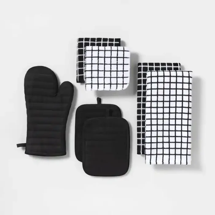 7pc Cotton Kitchen Textile Set Black – Room Essentials™ Includes Oven Mitt, Kitchen Towels, Pot Holders, Dish Cloths