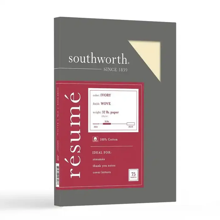 8.5″ x 11″ 75-Sheet 100% Cotton Résumé Paper 32 lb Wove Finish, Ivory – Southworth Letterhead, Unbound, Matte
