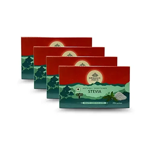A TATA Product – Organic India Stevia Powder – 25 sachet, 75g, Plant Based, Natural Sweetener, Zero Calories, Low Glycemic Index, No Aftertaste