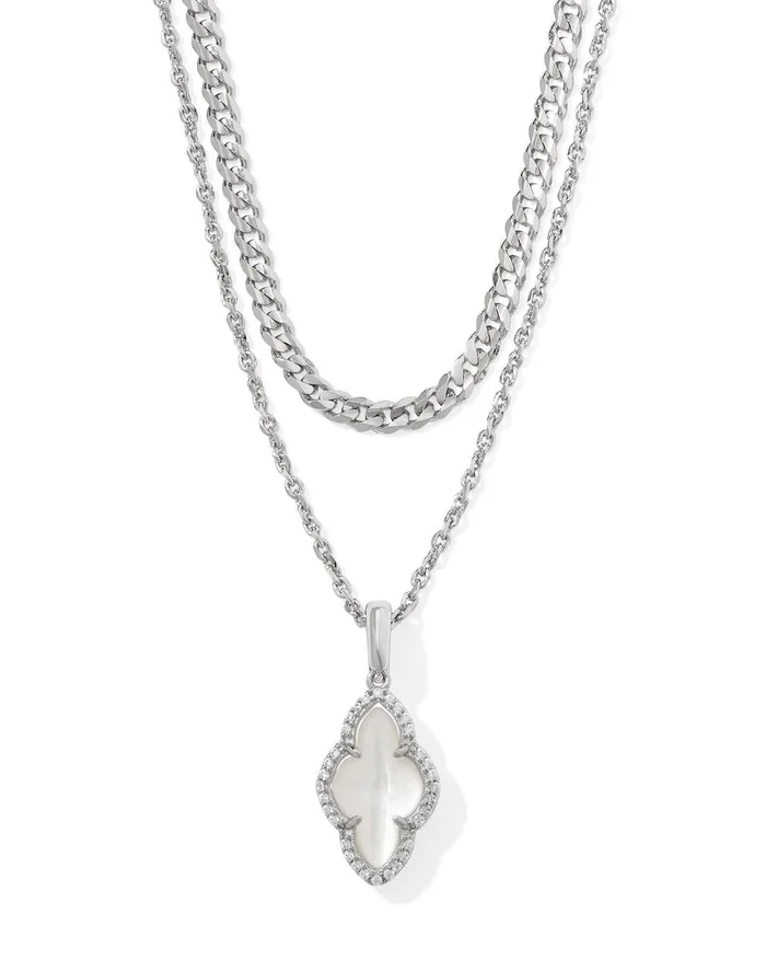 Abbie Pave Framed Multi Strand Pendant Necklace – Silver Ivory MOP