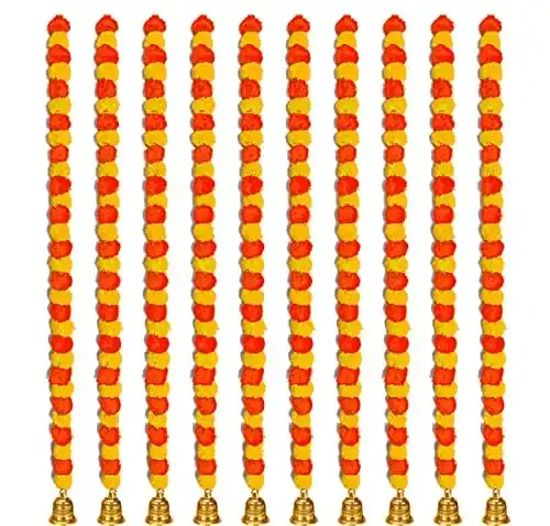 Abhaas Artificial Marigold Garland for Decoration Long Flower Garlands for Door Decoration Toran Genda Phool for Wedding/Festivals Diwali with Bells (5 Pcs/Yellow+Orange Mix), 147 CM