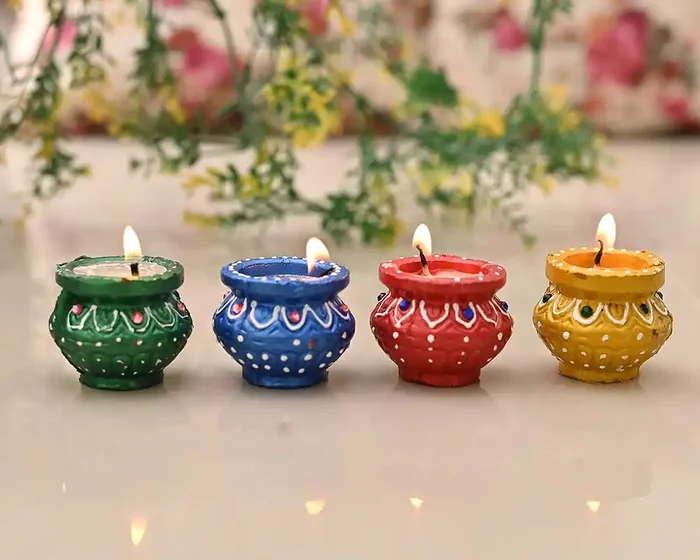 AC ANAND CRAFTS HandPrinted Clay Diya Matki Shape Terracotta Clay Diya-Mitti Deepak Handi DiyaFor Diwali Temple Decor Multi Color Puja Wax Diya Pack of 4