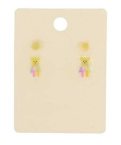 Acrylic Heart and Mini Bear Stud Earrings 2 Pair Set