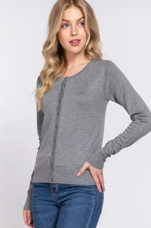Active Basic Long Sleeve Round Neck Button Down Sweater Cardigan