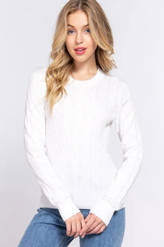Active Basic Long Sleeve Round Neck Cable Sweater