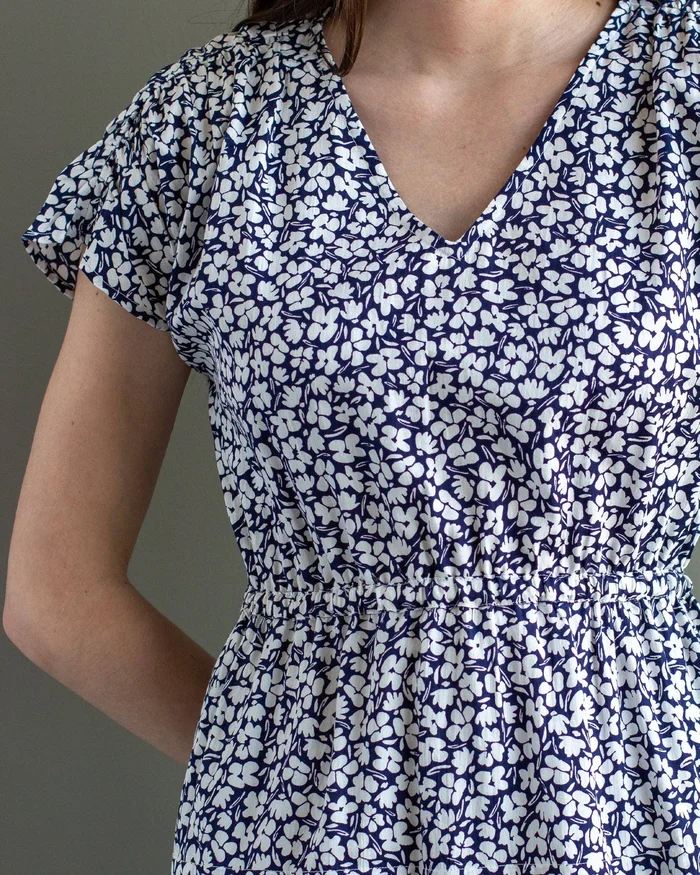Adelaide Dark Blue Floral Print Midi Length Summer Dress