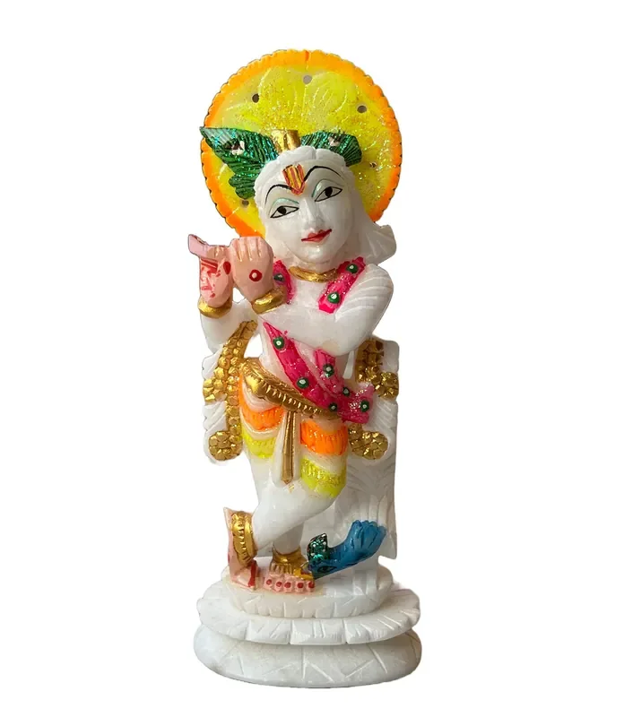AGRA SOFT STONE CARVING PRODUCTS Alabaster Marble Krishna Idol for Home Decor & Puja (Painted)