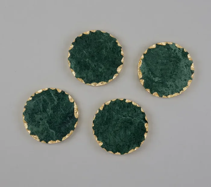 AGRA SOFT STONE CARVING PRODUCTS Green Marble Coaster with Gold Rimmed Base (Set of 4) Round Shape Coasters for Glasses Tea Coffee Cups and Gift