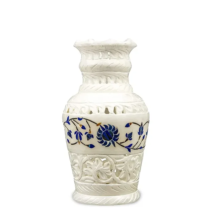 AGRA SOFT STONE CARVING PRODUCTS Handmade Carved Inlay Alabaster White Marble Flower Vase (Blue)