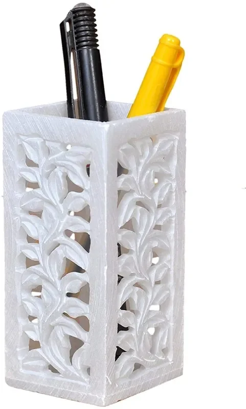 AGRA SOFT STONE CARVING PRODUCTS Handmade Carved Marble Stone Pen Holder/ Stand.(Standard Size)