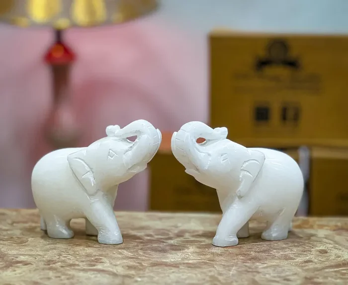AGRA SOFT STONE CARVING PRODUCTS Handmade Natural Marble Showpiece Elephant for Home Decor and Gifting (Set of 2)