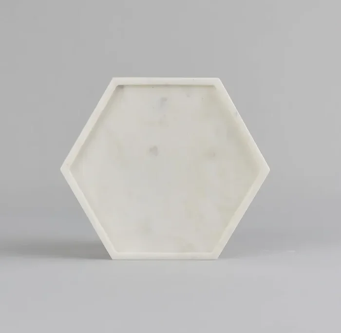 AGRA SOFT STONE CARVING PRODUCTS Hexagonal Shape White Marble Tray For Bathroom Kitchen Serving Dining Table Decoration And Gift (Vanity Platter)