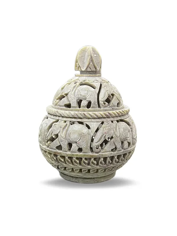 AGRA SOFT STONE CARVING PRODUCTS Marble Soapstone Tea Light Candle Holder Handi Shape with Elephant Design & Perfect Handmade jaali CarvedDecorative for Home and Office Dcor (6x3Inch) (Elephant Design)