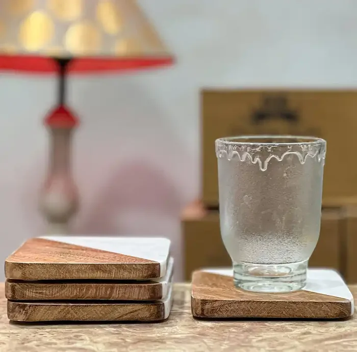 AGRA SOFT STONE CARVING PRODUCTS Marble Wooden Handmade Coasters for Tea/Coffee/Cocktail/Wine Coaster Set (Square Shape) Set of 4 (Design 4)
