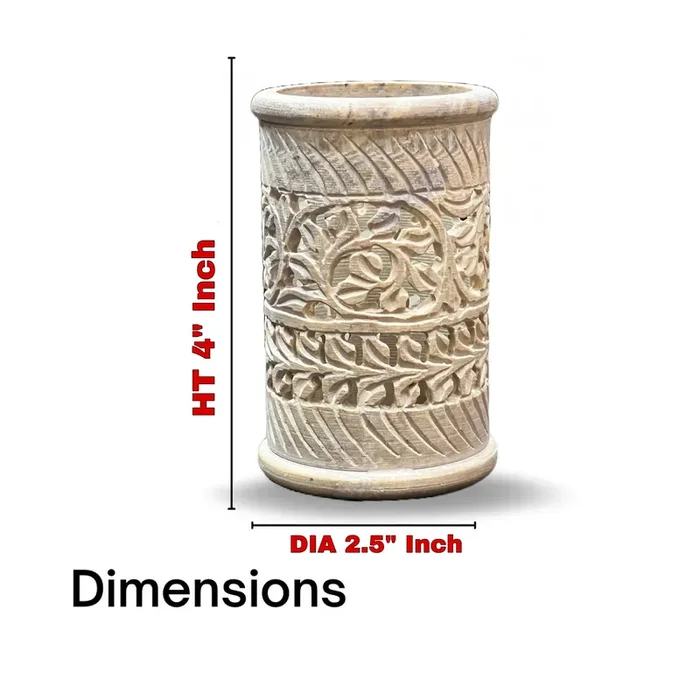 AGRA SOFT STONE CARVING PRODUCTS Soapstone Handmade Carved Round Shape Pen Stand for Home Office Decor (Floral Design)