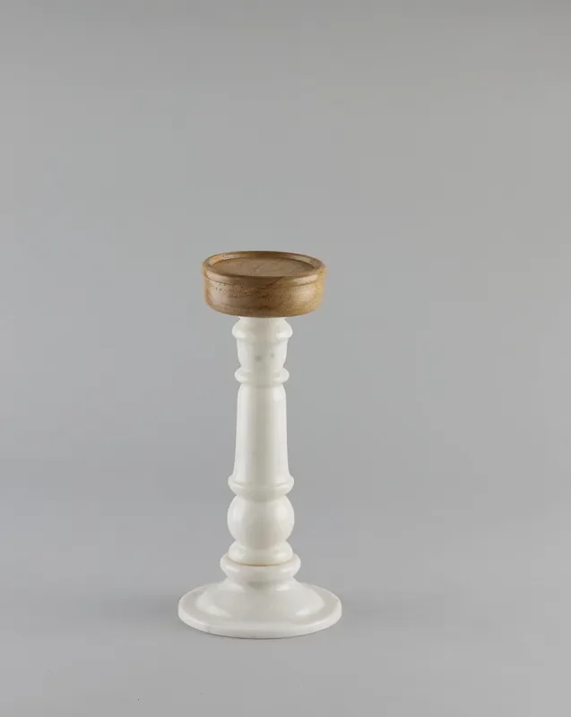AGRA SOFT STONE CARVING PRODUCTS Sofia Marble Pillar Candle Stand with Wood Holder for Table Home Decoration and Gift