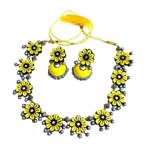 AKIBUKI Multicoloured Indian Traditional Terracotta Flower Chocker Necklace and Earring Jewellery Set for Women