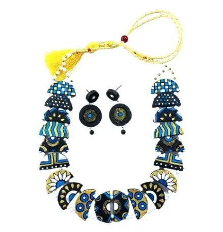 AKIBUKI Multicoloured Indian Traditional Terracotta Necklace and Earring Jewellery Set for Women