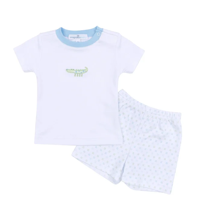Alligator Pie Embroidered Short Set – Light Blue: 3 Months