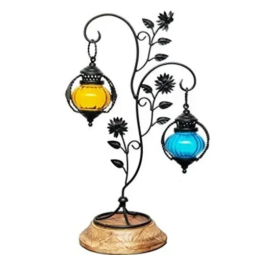 Alluring Glass with Metal Candle Stand Lantern Multi