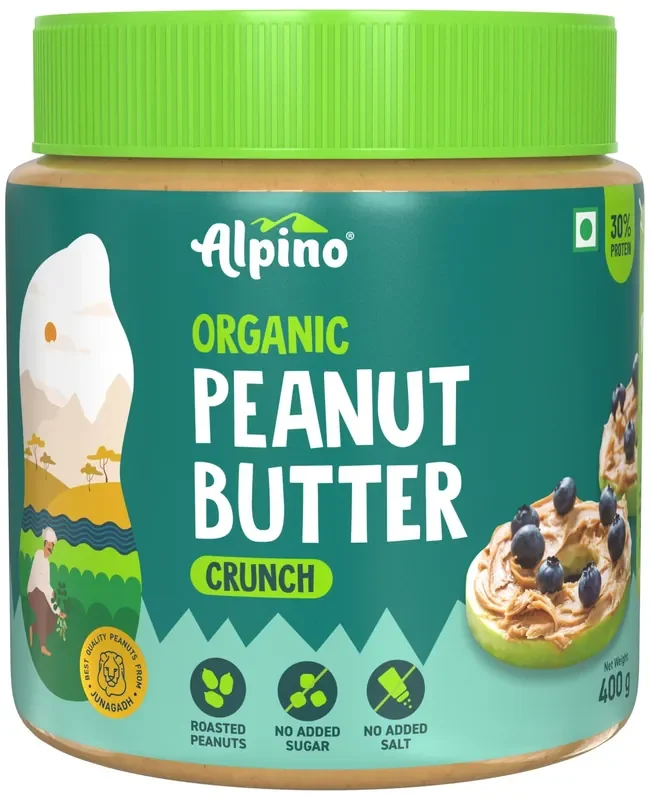 Alpino Organic Natural Peanut Butter Crunch 400 G Unsweetened 30 G Protein 100% Roasted Peanuts No Added Sugar, Salt or Hydrogenated Oils High Protein Peanut Butter Crunchy Gluten-Free Vegan