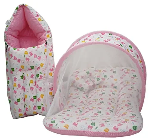Amardeep Baby Mattress with Mosquito Net Sleeping Bag Combo 0-3 Months (Pink)