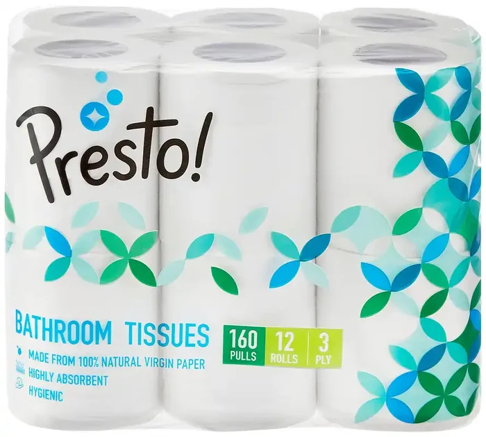 Amazon Brand – Presto! 3 Ply Toilet Paper Roll 1920 Pulls 160 Pulls x 12 Rolls Soft and Highly Absorbent OBA-Free Smooth Feel 100% Natural Virgin Cellulose Fiber