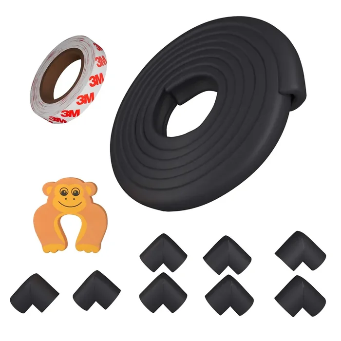 Amazon Brand – Supples Baby Proofing Kit Black Set of 11 16.4 ft Safety Strip for Furniture Edges, 8 Pre-Taped Corner Guards, 1 Door Stopper, 1 Tape Non-Toxic, Tested As Per is 9873 Standards