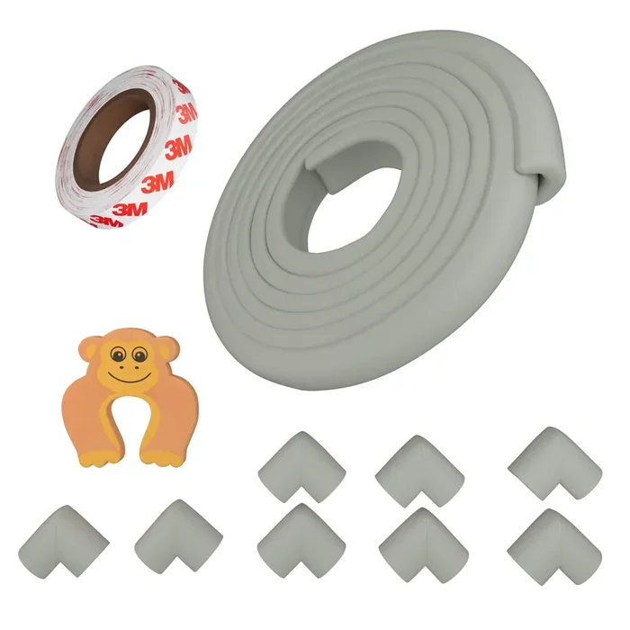 Amazon Brand – Supples Baby Proofing Kit Grey Set of 11 16.4 ft Safety Strip for Furniture Edges, 8 Pre-Taped Corner Guards, 1 Door Stopper, 1 Tape Non-Toxic, Tested As Per is 9873 Standards