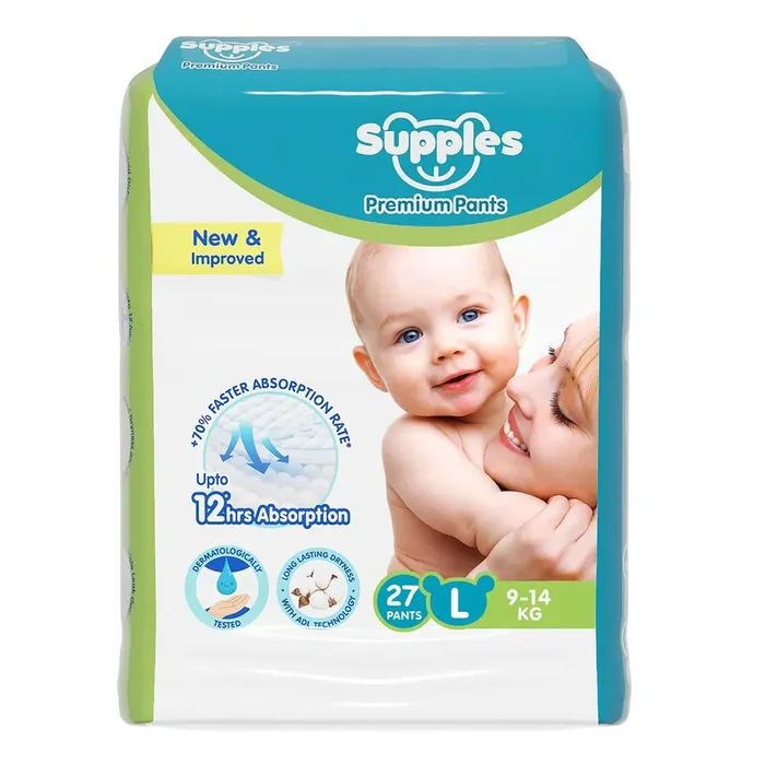 Amazon Brand – Supples Premium Baby Diaper Pants 27 Baby Diapers Large 9-14 Kg 12 Hrs Absorption Cushiony Cotton Soft Fabric Phthalates-Free Triple Leak Guard