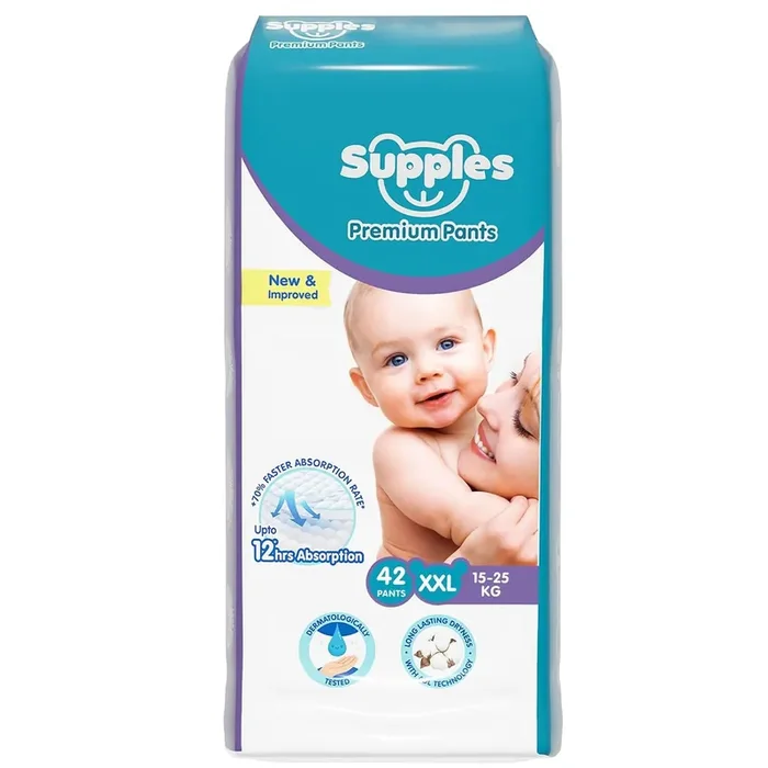 Amazon Brand – Supples Premium Baby Diaper Pants 42 Baby Diapers XXL 15-25 Kg 12 Hrs Absorption Cushiony Cotton Soft Fabric Phthalates-Free Triple Leak Guard