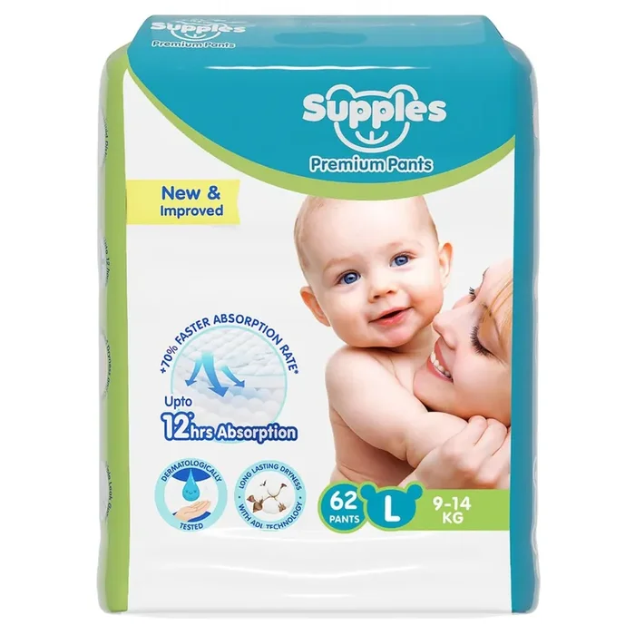 Amazon Brand – Supples Premium Baby Diaper Pants 62 Baby Diapers Large 9-14 Kg 12 Hrs Absorption Cushiony Cotton Soft Fabric Phthalates-Free Triple Leak Guard