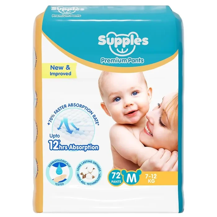 Amazon Brand – Supples Premium Baby Diaper Pants 72 Baby Diapers Medium 7-12 Kg 12 Hrs Absorption Cushiony Cotton Soft Fabric Phthalates-Free Triple Leak Guard