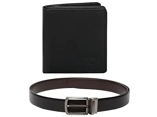 Amicraft Men‘s Combo Pack of Leather Wallet and Belt Set (Black)