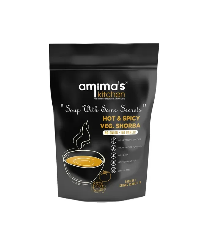 Amima‘s Kitchen Hot & Spicy Veg. Shorba Jain Soup (No Onion No Garlic) – 100 Grams [Serves 10] Instant Soup Mix Powder Ready To Cook No Artificial Flavour & Colour Gluten Free Non GMO Healthy Soup